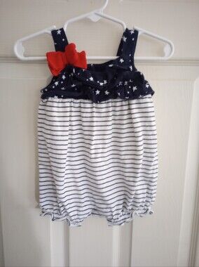 Gymboree Navy Star & White Stripe Bubble Romper with Red Bow 3-6m 4th Of July